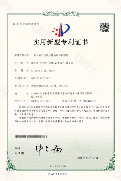 一种个有双校验功能的压力传感器【证书号12800944】